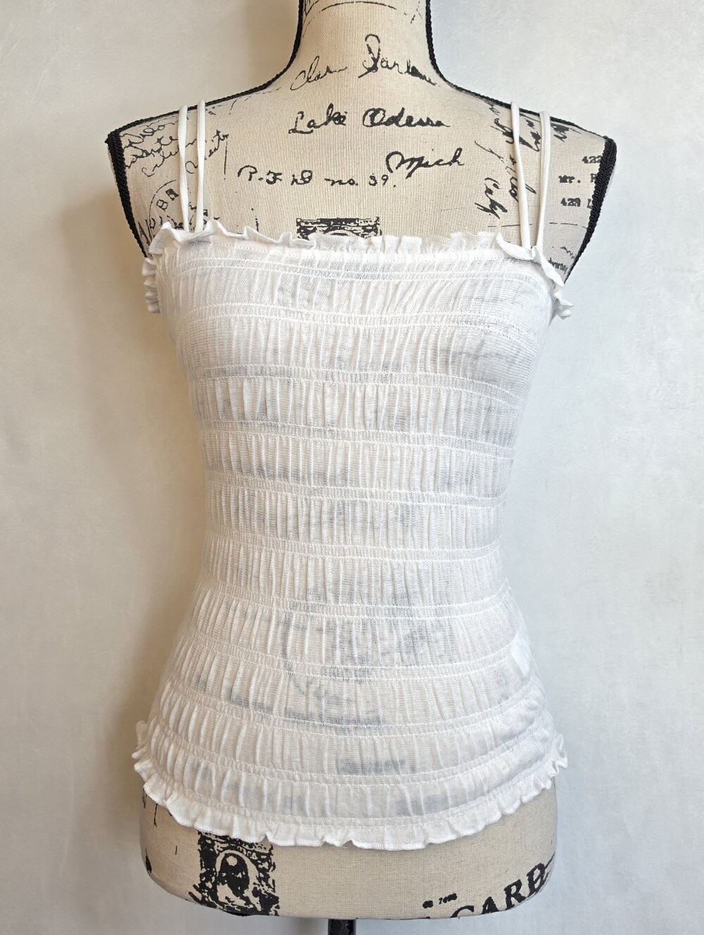 Aerie White Smocked Cami Top Tie Strap Ruffle Trim Sz S